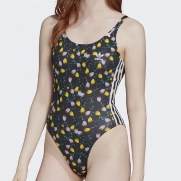 NWT Adidas AOP stretchy tulip print black racing stripes swim suit Medium M - Picture 4 of 14